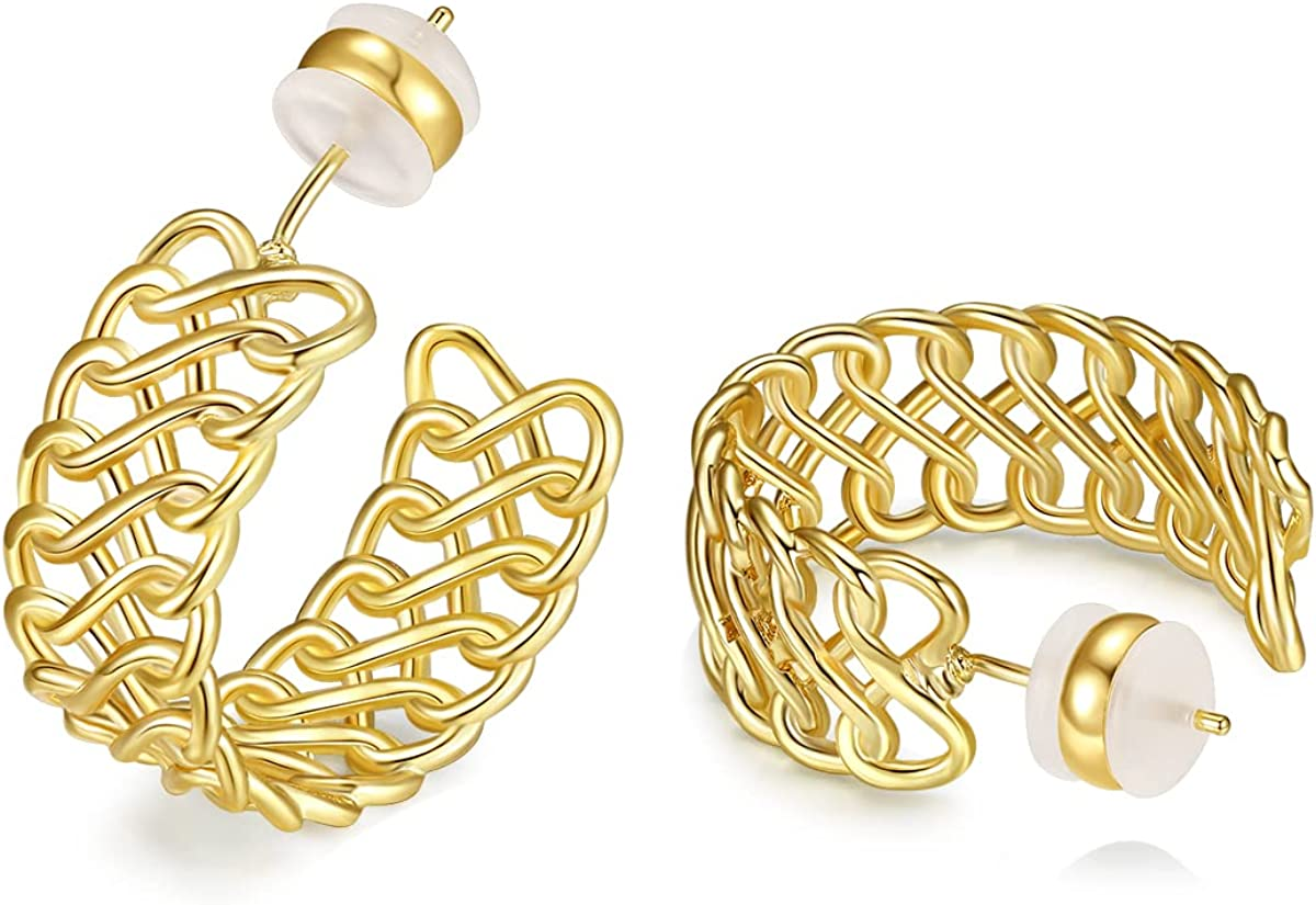 Tsnamer Women's Rough Gold Hoop Earrings 14K Real Gold Plated 925 Sterling Silver Column Braided Spiral Earrings Women